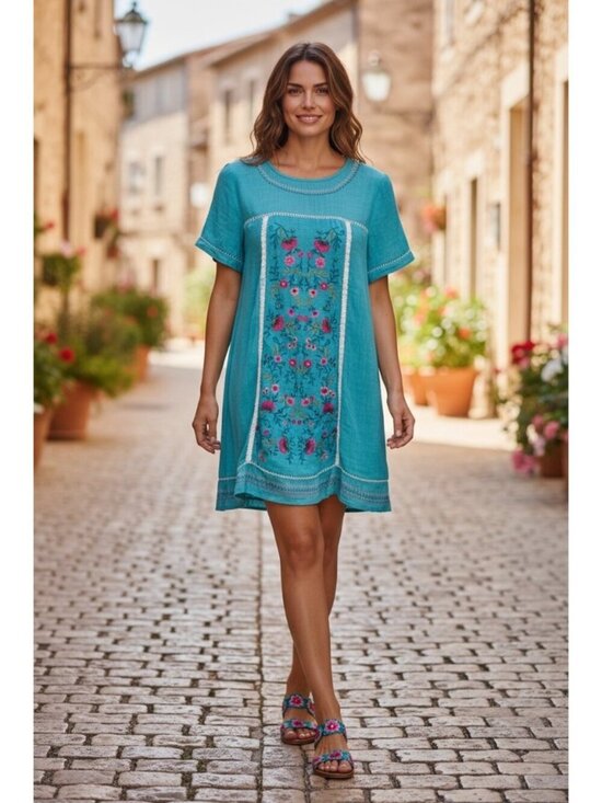 Umgee Dresses & Skirts - Umgee Women's Teal-Colored with Embroidered Details Short Dress